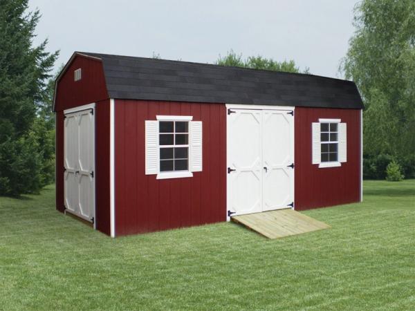 red and white Dutch Barn shed