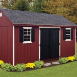 Red shed with black doors and windows