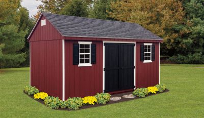 Red shed with black doors and windows