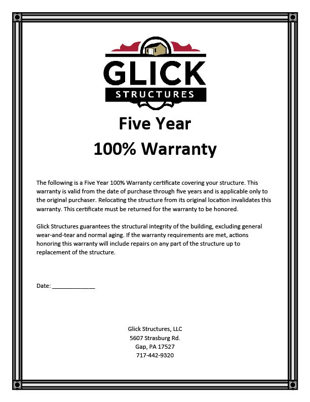 Glick structures 5 year warranty certificate